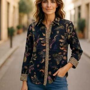 Chico’s Black Floral and Leopard Print Blouse size 3